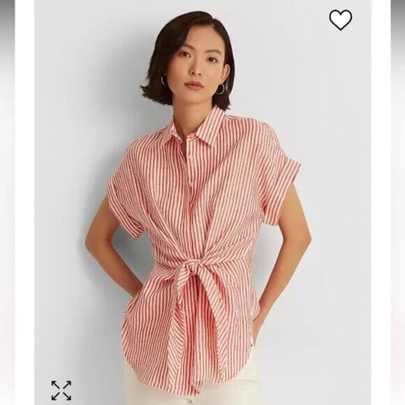 Lauren Ralph Lauren Black Label Red Striped Linen Tie Waist Top - Picture 1 of 5